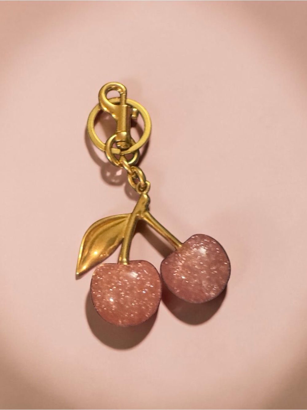 Gold Tone Keychain/Bag Charm with Pink Glitter Cherries